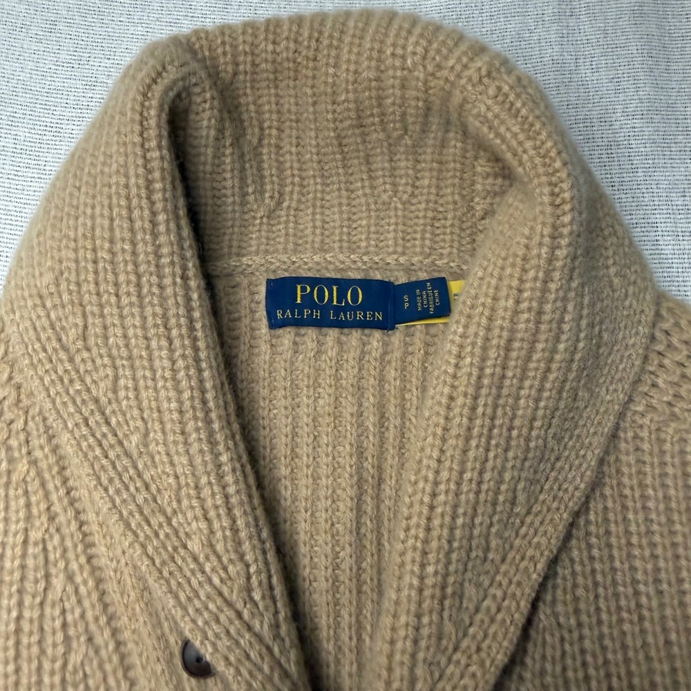 Polo Ralph Lauren Cardigan Women S Tan Wool Cashmere Shawl Collar Ribbed Knit - Picture 3 of 8